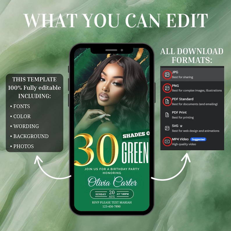May include: A smartphone displays a birthday party invitation with a green and gold theme. The invitation reads "30 Shades of Green" and includes the name "Olivia Carter" and event details. The image also shows editable template options.