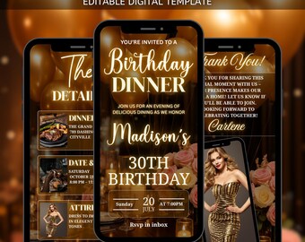 Digital Animated Birthday Dinner Invitation,  Video Invitation Editable Template, Self Editable Template, Party Celebration Digital Invite