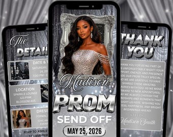 Digital Prom Send Off Invitation Silver Theme, Editable Glam Flyer Template, Animated Prom Queen Party Invite, Graduation Celebration Evite