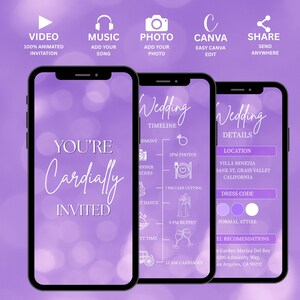 May include: Three smartphones displaying a wedding invitation with a purple background. The first phone says "You're Cordially Invited." The second phone shows a wedding timeline. The third phone shows wedding details.