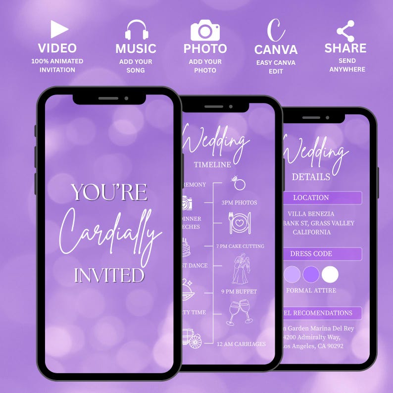May include: Three smartphones displaying a wedding invitation with a purple background. The first phone says "You're Cordially Invited." The second phone shows a wedding timeline. The third phone shows wedding details.