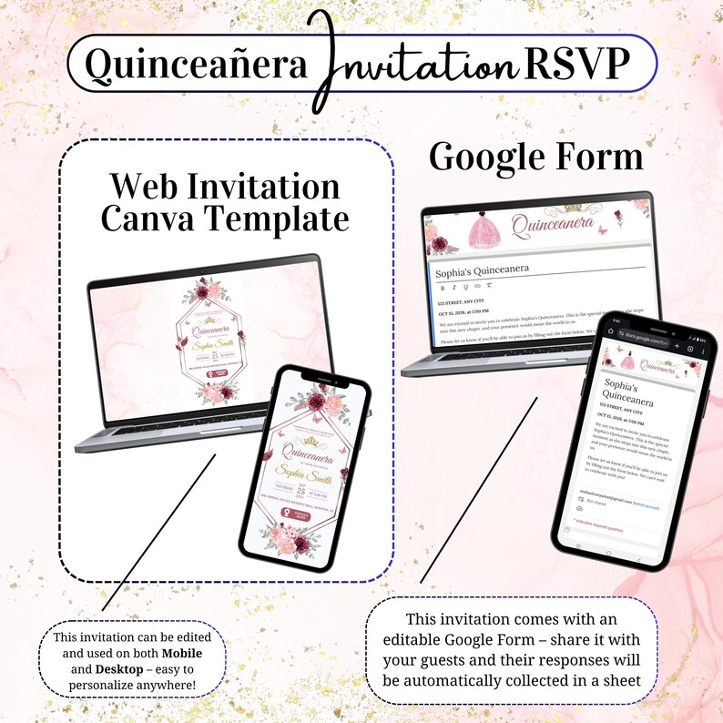 Interactive Quinceañera Invitation With RSVP L, Editable Canva Template ...