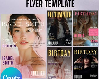 Paquete de plantillas de portada de revista para cena de cumpleaños, plantilla de revista Canva, regalo personalizado, plantilla de fiesta de Cover Girl, revista fotográfica