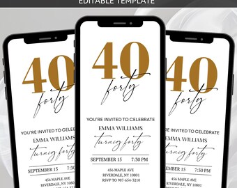 Digital 40th Birthday Party Invitation, Canva Template, Birthday Animated Invite, Gold Black Invitation, Canva Design, Digital Download