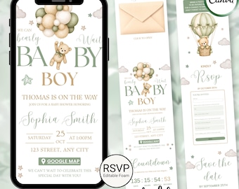 Website-Vorlage für die Babyparty (Junge), Einladung mit blauem Teddybär-Ballon, RSVP-Website, bearbeitbare digitale Canva-Einladung, Baby ist unterwegs