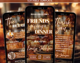 Digitale Freunde geben Einladung zum Abendessen, gemütliche Thanksgiving-Dinnerparty Evite, bearbeitbare Reiseplan-Videovorlage, Canva Design, PDF-Download