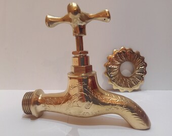 Grifo de agua de latón pequeño grabado vintage, espiga de bronce, estilo marroquí, grifo de agua de latón pequeño