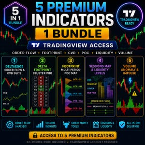 May include: A digital graphic advertisement for a 5-in-1 premium trading indicator bundle for TradingView. The image displays five distinct technical analysis tools, including order flow, footprint, POC, liquidity, and volume indicators.