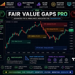 May include: A digital dashboard interface titled FAIR VALUE GAPS PRO for TradingView, featuring a dark background with a candlestick price chart, various technical analysis metrics, imbalance strength ratings, and automated alert settings.