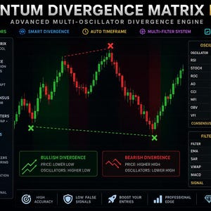 Peut inclure: Graphique sombre avec le texte "QUANTUM DIVERGENCE MATRIX PRO" et un graphique montrant des lignes vertes et rouges. Comprend "8 OSCILLATEURS", "SMART DIVERGENCE" et "AUTO TIMEFRAME". Le graphique affiche la divergence haussière et baissière.