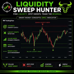 May include: A digital graphic for the Liquidity Sweep Hunter trading indicator. It features a black background with green text, a bull icon, and a candlestick chart showing bearish and bullish liquidity sweeps with labeled price levels.