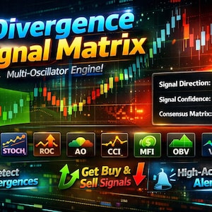 Puede incluir: Un gráfico digital con el texto "Divergence Signal Matrix" y "Multi-Oscillator Engine!". Muestra señales de compra, niveles de confianza e indicadores técnicos como RSI, STOCH y CCI. También incluye el texto "Detect Divergences", "Get Buy & Sell Signals" y "High-Accuracy Alerts".