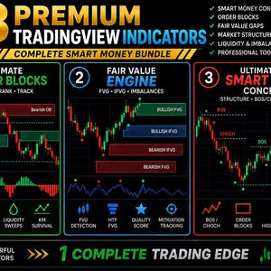 May include: A digital infographic displaying three TradingView indicators: Ultimate Order Blocks, Fair Value Engine, and Smart Money Concepts. The graphic features candlestick charts with labeled market structures, liquidity, and imbalance zones.