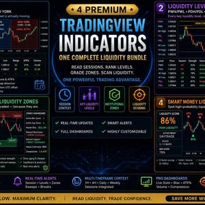 May include: A digital infographic titled 4 Premium Tradingview Indicators, showcasing a complete liquidity bundle for traders. It features four distinct sections with financial charts, data dashboards, and technical analysis tools on a dark background.