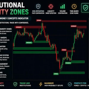 Puede incluir: Un gráfico digital titulado "INSTITUTIONAL LIQUIDITY ZONES" en verde y blanco. La imagen incluye un gráfico con líneas rojas y verdes, y texto que describe conceptos y herramientas de trading. El gráfico muestra datos con etiquetas como "Strong" y "Moderate".