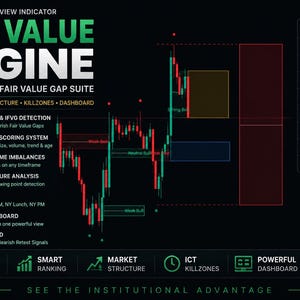 May include: A dark background displays a trading interface with the text "FAIR VALUE ENGINE." The interface includes charts with red and green lines, along with data tables and icons. The text highlights features like "Automatic FVG & IFVG Detection" and "Real-Time Dashboard."