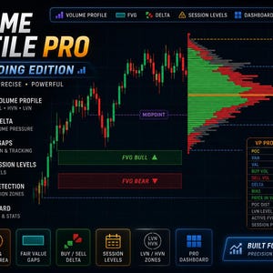 Könnte beinhalten: Dunkelblaue digitale Oberfläche für den Daytrading-Handel, mit der Bezeichnung "Volume Profile Pro". Sie zeigt Diagramme, Grafiken und Datenanalysetools, einschließlich Volumenprofile, Delta und Session-Levels. Die Oberfläche ist für professionelle Händler konzipiert.