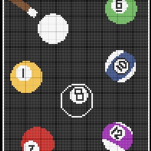 May include: A black felt pool table with a white cue ball, a brown cue stick, and six billiard balls. The balls are numbered 1, 6, 7, 8, and 13. The balls are green, yellow, red, black, and purple.