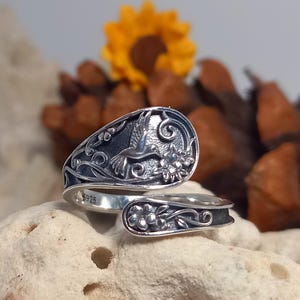 925 sterling silver spoon ring hummingbird flower adjustable goth punk biker hippy alternative jewellery gift for her