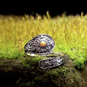 Silver Sterling Spoon Ring Yellow Opal Sunflower Adjustable gift for her  statement birthday hippy flower goth alternative jewellery vintage