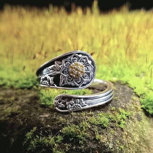 Silver Sterling Spoon Ring Sunflower Cubic Zircon Stones 925 Adjustable gift for her  statement birthday hippy flower goth jewellery vintage