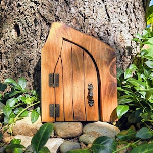 Puede incluir: Una pequeña puerta de madera con la parte superior redondeada y un tirador de metal, colocada en la base de un árbol. La puerta está rodeada de hojas verdes y piedras.