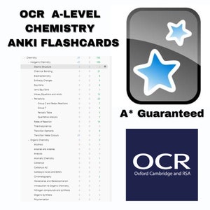 May include: An image promoting OCR A-Level Chemistry Anki flashcards. The image includes a table of contents with topics such as Atomic Structure and Equilibria. A blue star icon and the text "A* Guaranteed" are also present, along with the OCR logo.