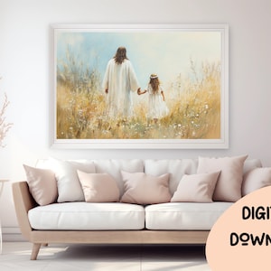 Jesús y la niña caminando en un campo de flores, Niño de Dios, Descarga digital, Impresión religiosa cristiana, Arte de pared imprimible de la Biblia moderna 441