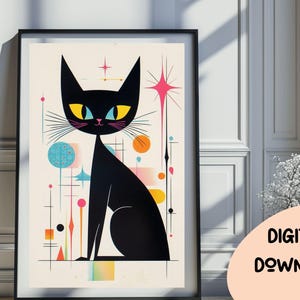 Mid Century Modern Cat Wall Art, Printable Retro Black Cat Art Print, Kids Room Decor Colorful Atomic Cat Wall Decor Vintage 60&#39;s Poster 291