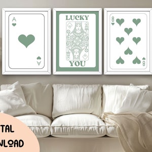 Modny zestaw 3 sztuk sztuki ściennej retro, modny wydruk estetyczny retro, plakat z zieloną kartą asa, plakat Lucky You, modna sztuka ścienna, zabawna sztuka, 170