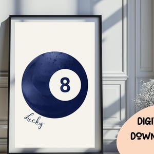 Lucky 8 Ball Wandkunst, Vintage Pool Ball Druck, himmelblaues Pool Ball Poster Retro Hand gezeichnet Schlafzimmer Poster Trendy druckbare Digitaldruck 363