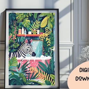 Zebra in bathtub bathroom animal print, maximalist animal in bath wall art, tropical safari bathroom prints, funny gifts, Toilet Art Dec 276