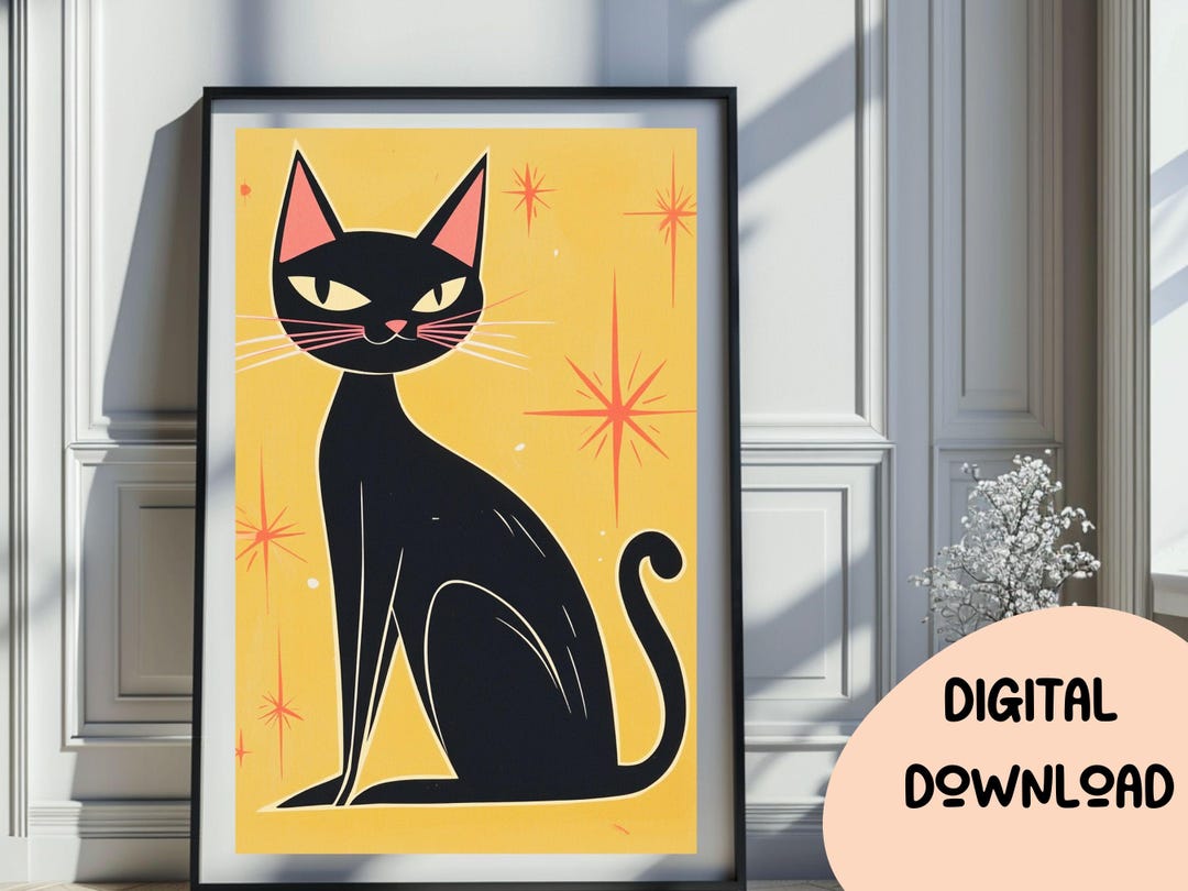 Mid Century Modern Cat Wall Art, Printable Retro Black Cat Art Print ...