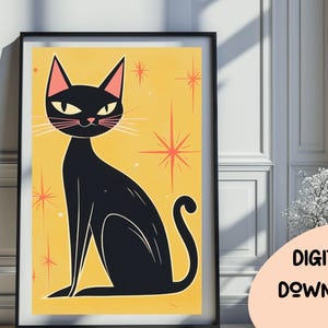Mid Century Modern Cat Wall Art, Printable Retro Black Cat Art Print, Kids Room Decor Colorful Atomic Cat Wall Decor Vintage 60&#39;s Poster 293