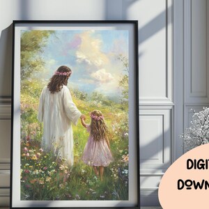Jesús y la niña caminando en un campo de flores, Niño de Dios, Descarga digital, Impresión religiosa cristiana, Arte de pared imprimible de la Biblia moderna 438