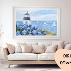 Kunst aan de muur Nantucket, Nantucket-print, Nantucket-poster, Brant Point-vuurtoren, High Society-print, zeilboot aan zee en hortensia's 199