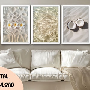 Juego de 3 impresiones de playa de isla tropical, arte de pared costero, póster del océano, chica cocotera, arte de pared floral estético, casa de playa bohemia, estilo costero chic 165