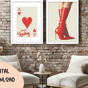 Trendy set van 2 prints, Lucky Girl-poster Ace of Cards, rode laarzen muurkunst, tijdschriftomslag esthetiek, manifestatieprint, Preppy Art 168