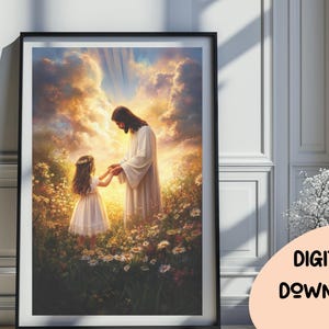Jesús y la niña caminando en un campo de flores, Niño de Dios, Descarga digital, Impresión religiosa cristiana, Arte de pared imprimible de la Biblia moderna 439