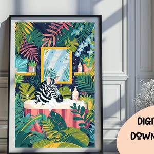 Zebra in bathtub bathroom animal print, maximalist animal in bath wall art, tropical safari bathroom prints, funny gifts, Toilet Art Dec 275
