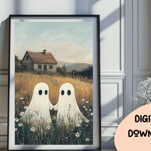 Ghosts Art Print, Halloween Art Print, Halloween Decor, Cute Ghosts in Field, Spooky Vintage Halloween, Printable Wall Art, Digital Art 343