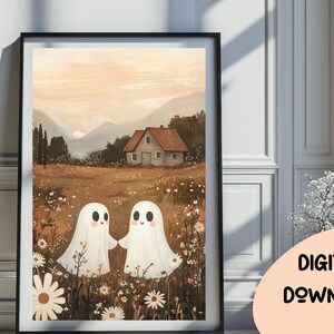 Ghosts Art Print, Halloween Art Print, Halloween Decor, Cute Ghosts in Field, Spooky Vintage Halloween, Printable Wall Art, Digital Art 344