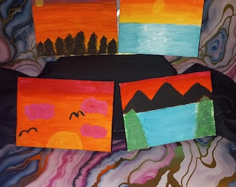 Sunset Canvas Painting: 5x7 Original Art - Sky, Forest, Ocean, Mountains