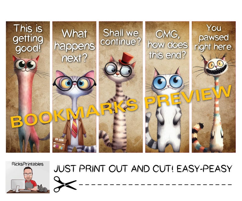 Humurous Bookmarks Quirky Cat Bookmarks, Humorous Prints, Set of 5 (digital Download) - Etsy