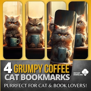 Grumpy Coffee Cat-bokmärken, roliga knäppa utskrivbara (digital nedladdning)