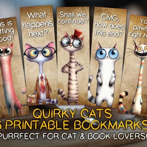 Marcapáginas de gatos originales, láminas divertidas, juego de 5 (descarga digital)