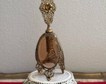 Antique Perfume, Filigree Ormolu  Beveled Amber Glass Perfume Bottle