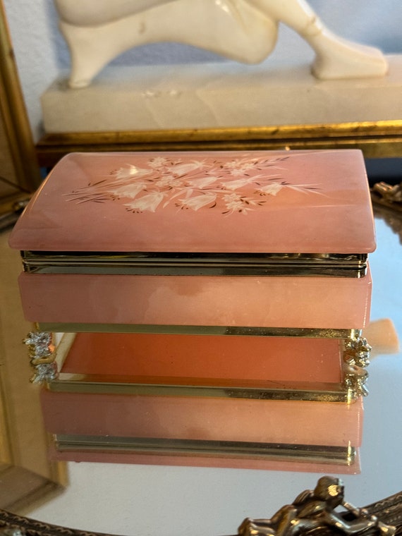 Vintage Made in Italy Pink Alabaster Jewelry box.