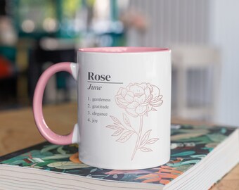 Gepersonaliseerde bloemen roze roos juni BirthFlower keramische koffiekopje mok cadeau voor oma of moeder voor Moederdag of verjaardag