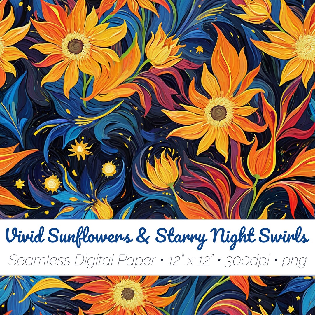 Vivid Sunflowers & Starry Night Swirls Seamless Digital Paper Pattern ...